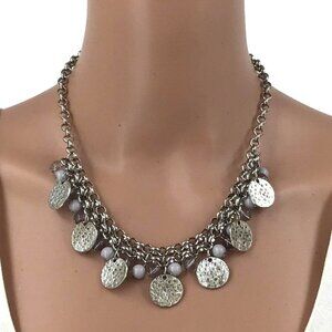 Beaded Fringe Necklace Hammered Discs Silver Tone Adjustable Length